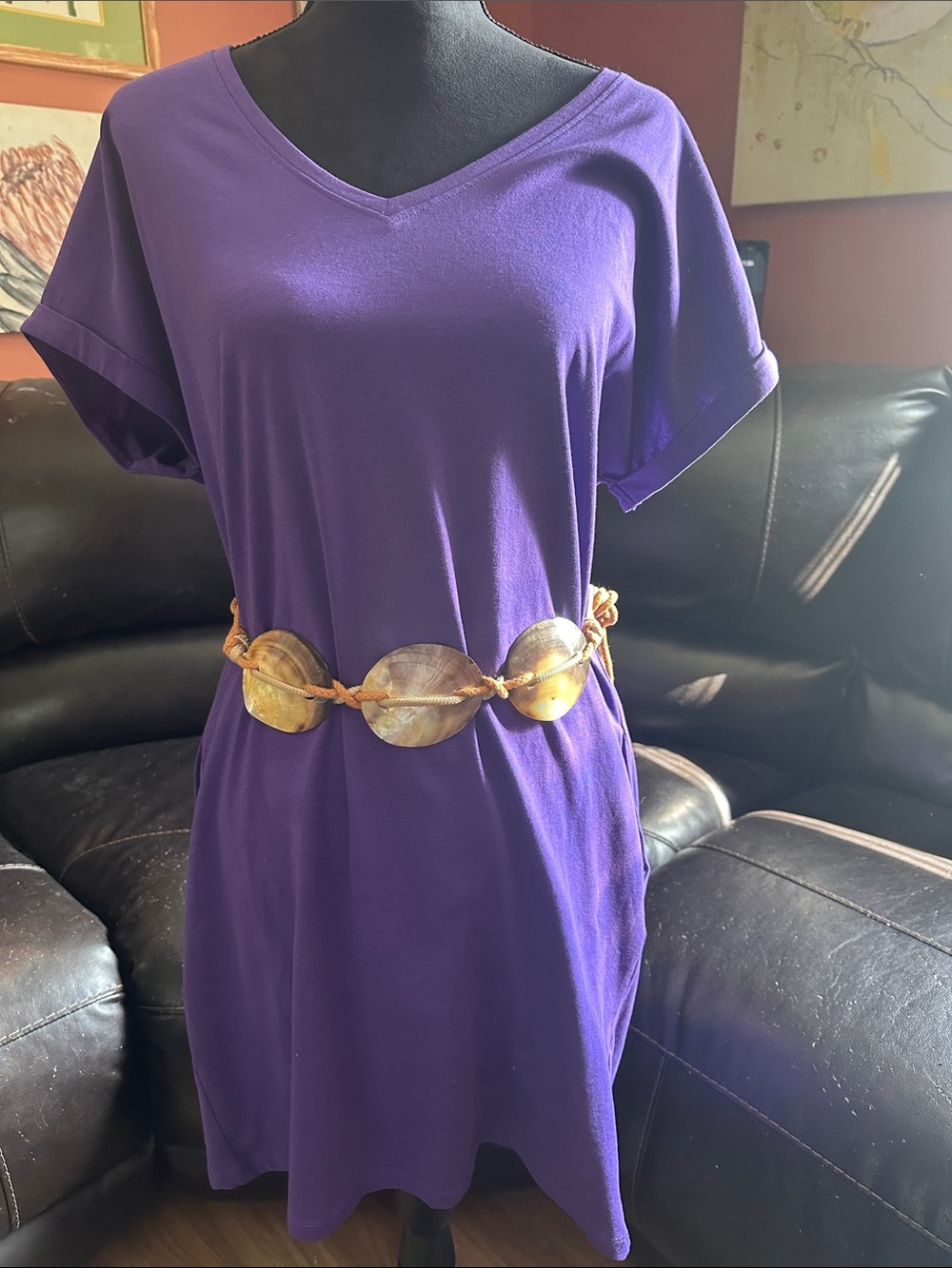 New York & Company Purple V-Neck Knit Tunic Dress. Belt not included.